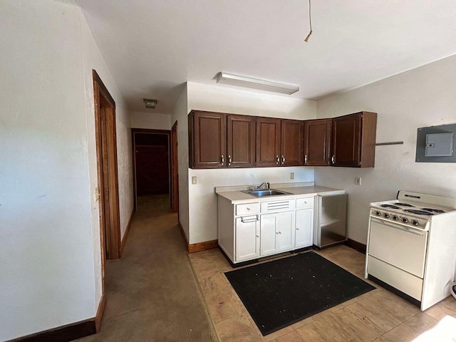 kitchen with white cabinets, white range oven, dark brown cabinetry, and sink