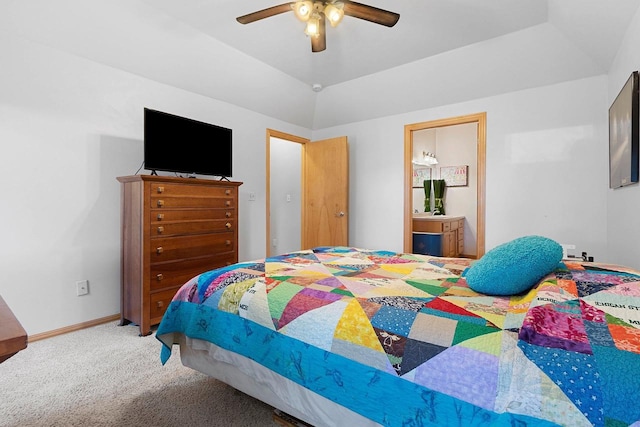 bedroom with carpet flooring, ceiling fan, and ensuite bathroom