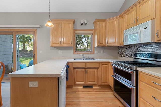 kitchen with appliances with stainless steel finishes, a healthy amount of sunlight, light hardwood / wood-style floors, and sink