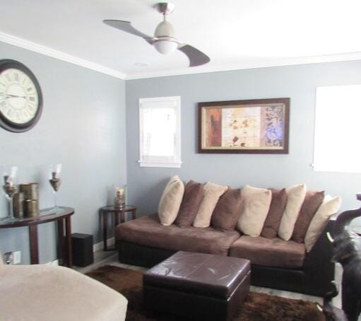 living room with ceiling fan and ornamental molding