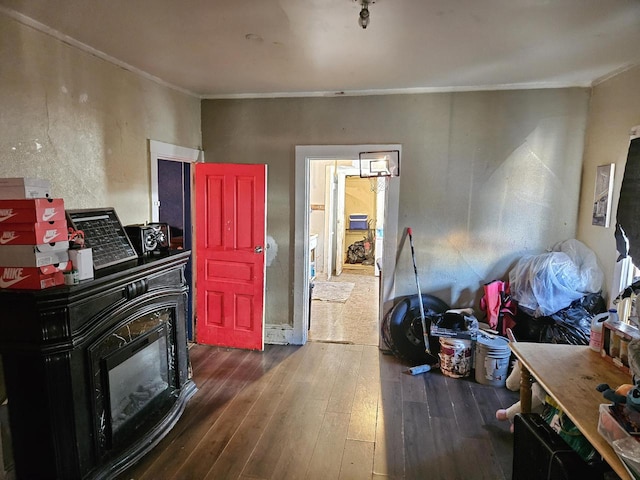 living room featuring ornamental molding and dark wood-type flooring