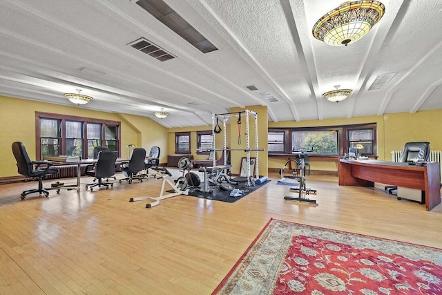 workout area featuring wood-type flooring, a textured ceiling, and vaulted ceiling