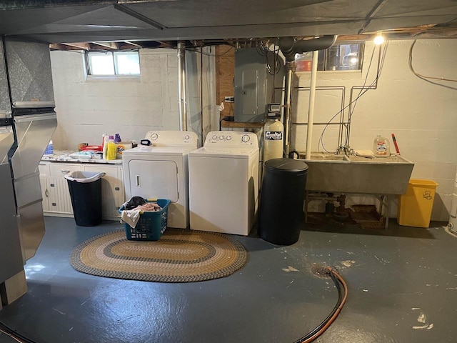 laundry room with sink, washing machine and clothes dryer, and electric panel