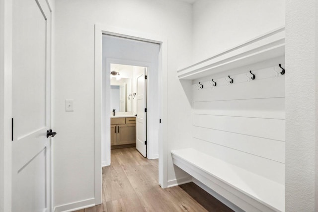 mudroom with light hardwood / wood-style flooring