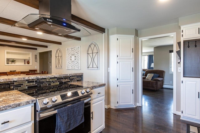 kitchen featuring dark hardwood / wood-style floors, white cabinets, beam ceiling, electric stove, and island range hood