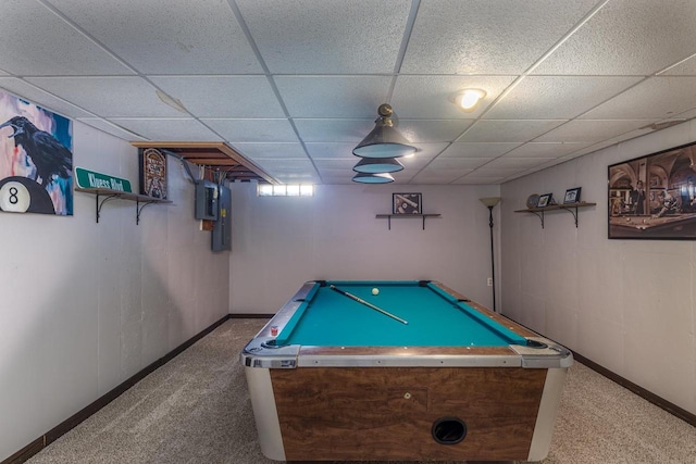 rec room featuring a drop ceiling, carpet, and pool table