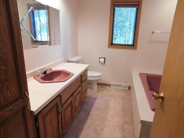 bathroom with toilet, vanity, and a washtub