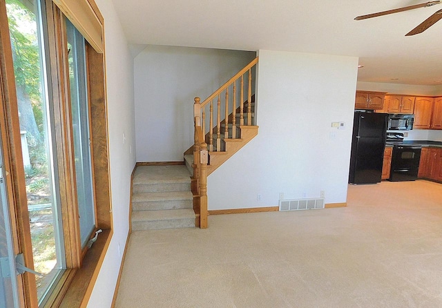 stairway featuring ceiling fan and carpet floors