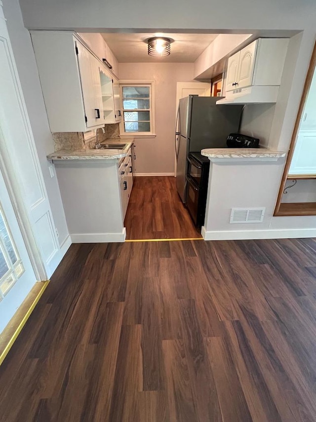 kitchen featuring white cabinetry, sink, light stone counters, and dark hardwood / wood-style flooring