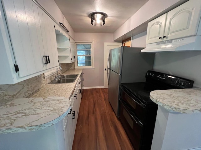 kitchen featuring sink, tasteful backsplash, dark hardwood / wood-style flooring, range with two ovens, and white cabinets