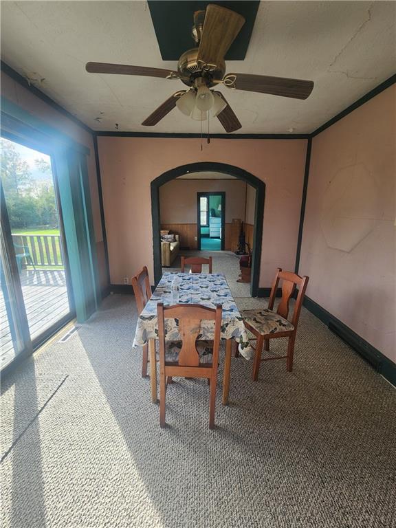 carpeted dining space featuring ceiling fan and crown molding