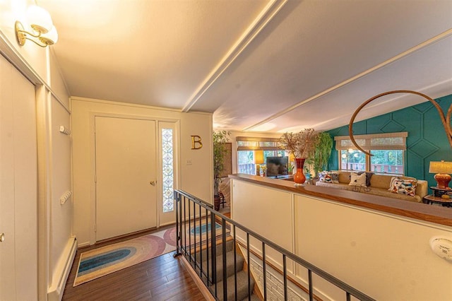 entryway with a healthy amount of sunlight, dark hardwood / wood-style floors, and a baseboard radiator