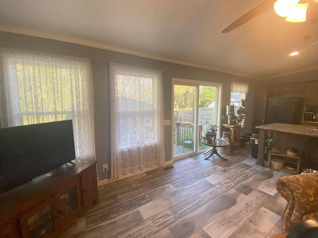 living room with ceiling fan, hardwood / wood-style flooring, and ornamental molding