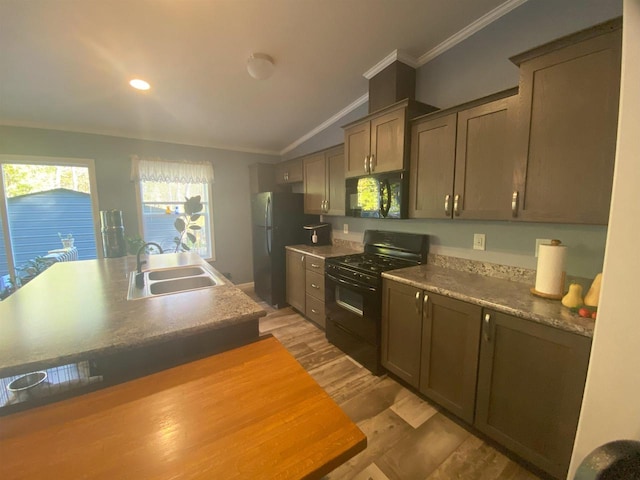 kitchen with wood-type flooring, sink, lofted ceiling, black appliances, and crown molding