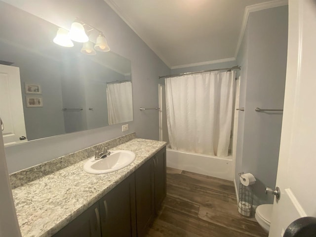 full bathroom with shower / bathtub combination with curtain, vanity, crown molding, toilet, and hardwood / wood-style floors