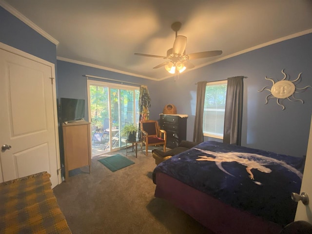 bedroom with ceiling fan, carpet floors, and crown molding