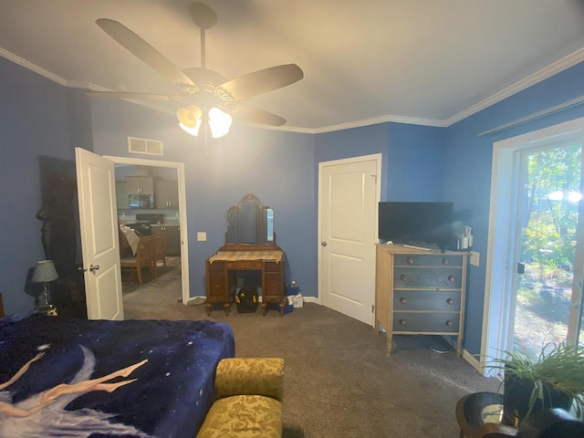 bedroom featuring ceiling fan, ornamental molding, and dark carpet