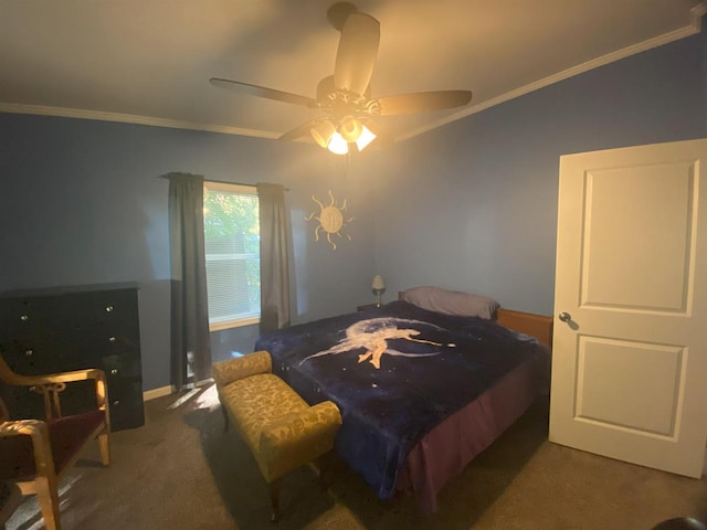 bedroom featuring ornamental molding, carpet, and ceiling fan