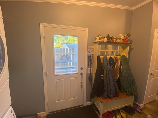 entryway featuring hardwood / wood-style floors and ornamental molding