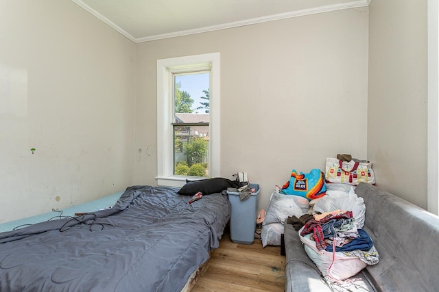 bedroom featuring multiple windows, light wood-type flooring, and ornamental molding