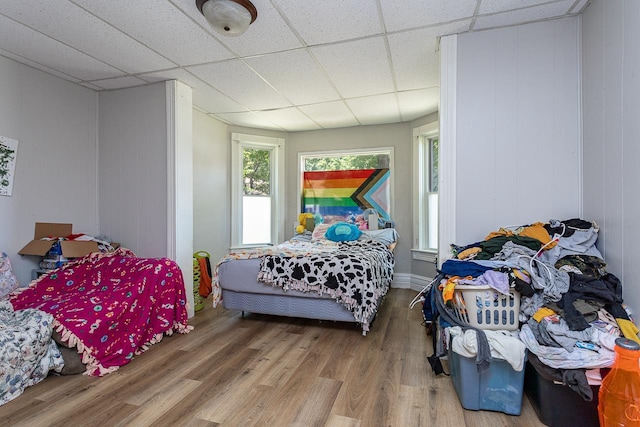 bedroom with wood-type flooring and a drop ceiling