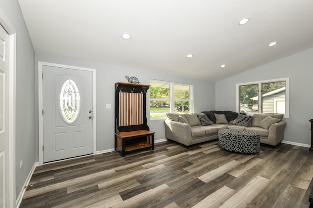 living room featuring lofted ceiling, dark wood-type flooring, and a healthy amount of sunlight