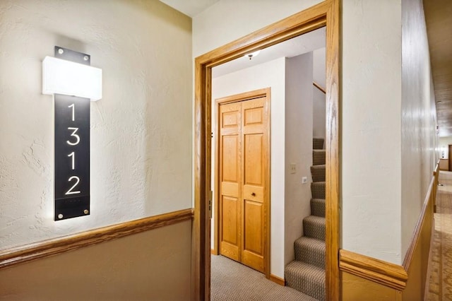 hallway with light colored carpet