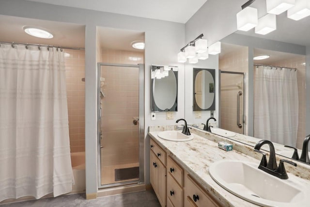 bathroom featuring vanity, shower / bath combination with curtain, and tile patterned floors