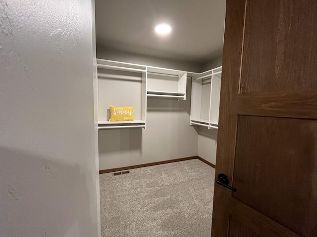 spacious closet featuring light colored carpet