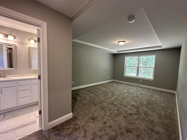 empty room featuring a tray ceiling, dark carpet, and sink