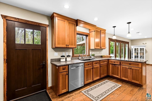 kitchen with wood-type flooring, dishwasher, hanging light fixtures, and sink