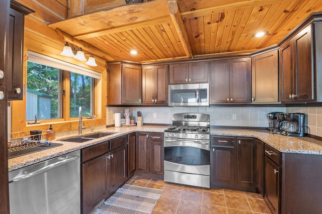 kitchen with wooden ceiling, light stone countertops, sink, and stainless steel appliances