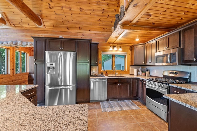 kitchen featuring wooden walls, appliances with stainless steel finishes, plenty of natural light, and sink