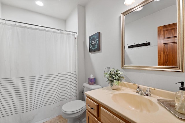 bathroom featuring tile patterned floors, walk in shower, vanity, and toilet