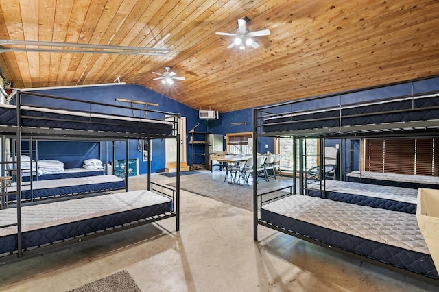 bedroom featuring wood ceiling, concrete floors, and high vaulted ceiling