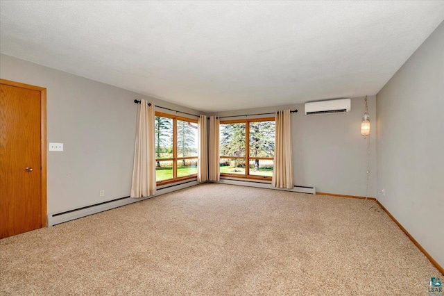 carpeted empty room with a textured ceiling and an AC wall unit