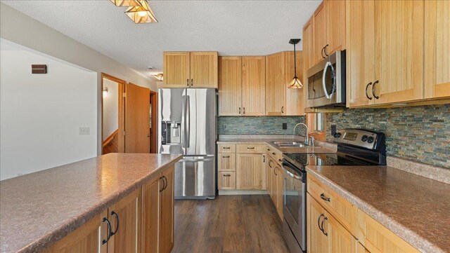 W9037 Ridgeview Trl, New Lisbon, WI 53950 - kitchen featuring appliances with stainless steel finishes, a sink, tasteful backsplash, dark wood-style flooring, and light brown cabinets