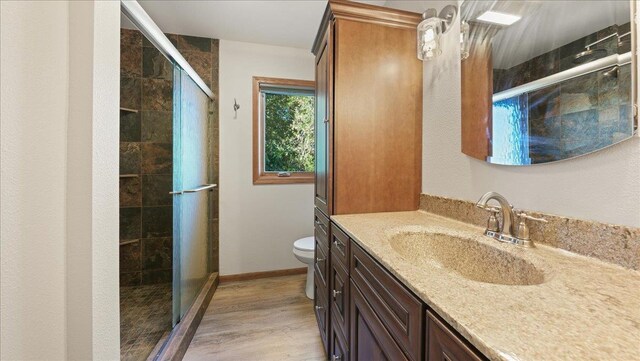 W9037 Ridgeview Trl, New Lisbon, WI 53950 - bathroom featuring vanity, a stall shower, toilet, and wood finished floors