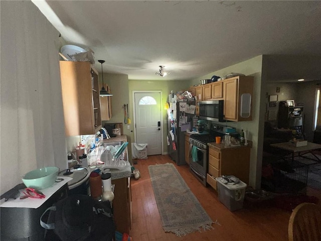 kitchen featuring decorative light fixtures, appliances with stainless steel finishes, dark hardwood / wood-style floors, and sink