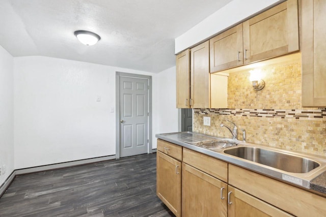 kitchen with decorative backsplash, light brown cabinetry, dark hardwood / wood-style floors, and sink