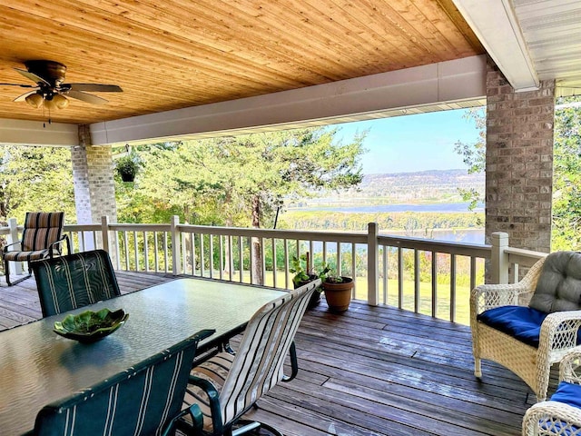 63574 Lohmann Ln, Eastman, WI 52626 - wooden deck with outdoor dining space, ceiling fan, and a water view
