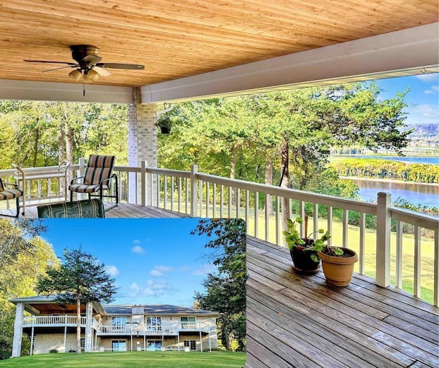 63574 Lohmann Ln, Eastman, WI 52626 - wooden terrace featuring ceiling fan and a water view