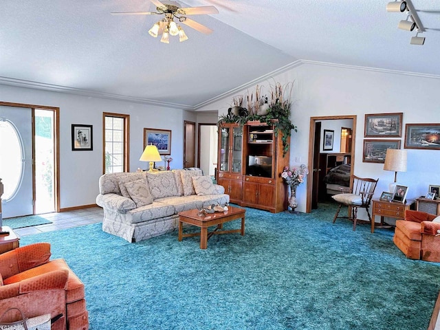 63574 Lohmann Ln, Eastman, WI 52626 - carpeted living room featuring ceiling fan, vaulted ceiling, a textured ceiling, and ornamental molding