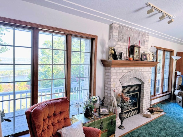 63574 Lohmann Ln, Eastman, WI 52626 - living area featuring track lighting, carpet, a brick fireplace, plenty of natural light, and a textured ceiling