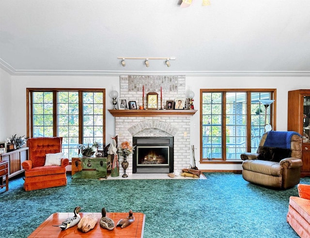 63574 Lohmann Ln, Eastman, WI 52626 - living room featuring carpet flooring, a fireplace, and crown molding