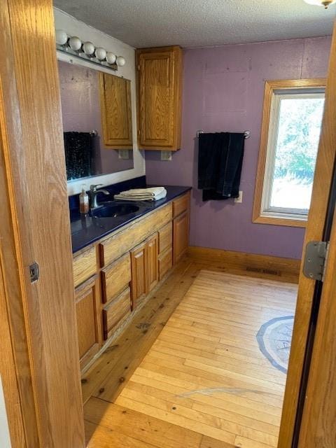 bathroom featuring vanity, hardwood / wood-style flooring, and a textured ceiling