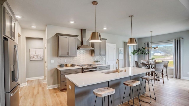 kitchen featuring pendant lighting, sink, wall chimney exhaust hood, appliances with stainless steel finishes, and light hardwood / wood-style floors