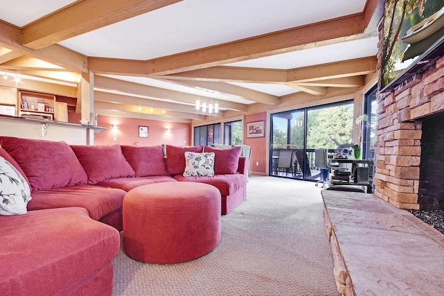 carpeted living room featuring beamed ceiling