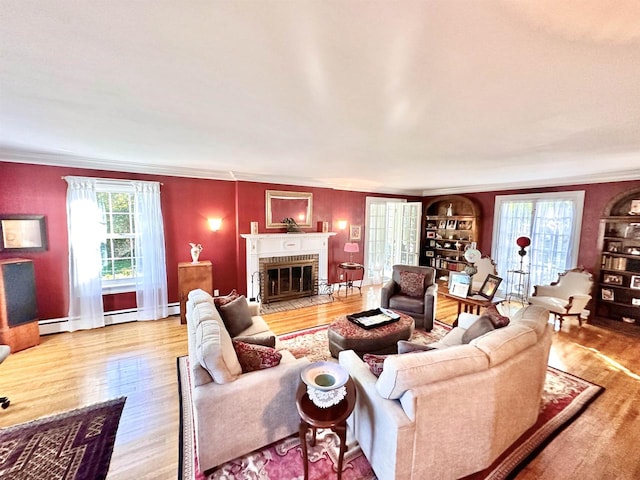 living room featuring hardwood / wood-style flooring, ornamental molding, a fireplace, and a wealth of natural light