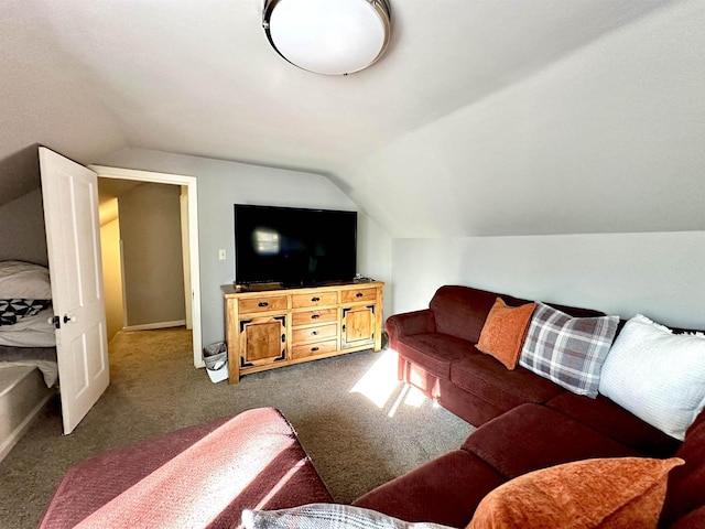 living room with dark colored carpet and lofted ceiling